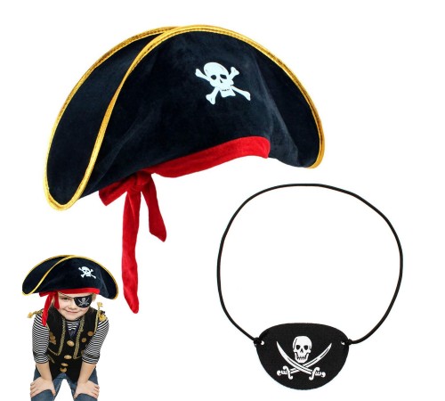 Çocuk Kadife Korsan Şapka & Vinleks Deri Göz Bandı Seti
