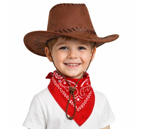 Çocuk Kovboy Şapka Kahverengi & Kırmızı Bandana Fular Seti