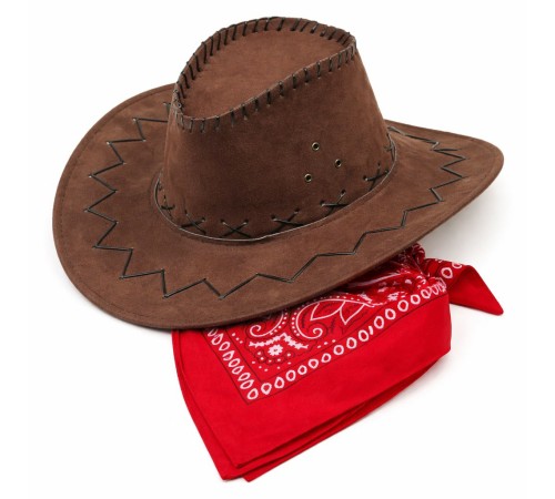 Çocuk Kovboy Şapka Kahverengi & Kırmızı Bandana Fular Seti