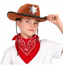 Çocuk Kovboy Şapka Rozetli Kahverengi & Kırmızı Bandana Fular Seti