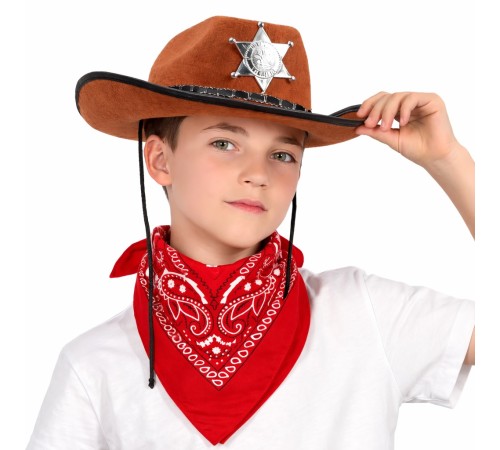 Çocuk Kovboy Şapka Rozetli Kahverengi & Kırmızı Bandana Fular Seti