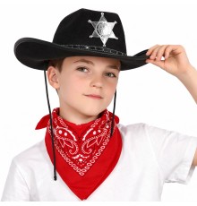 Çocuk Kovboy Şapka Rozetli Siyah & Kırmızı Bandana Fular Seti