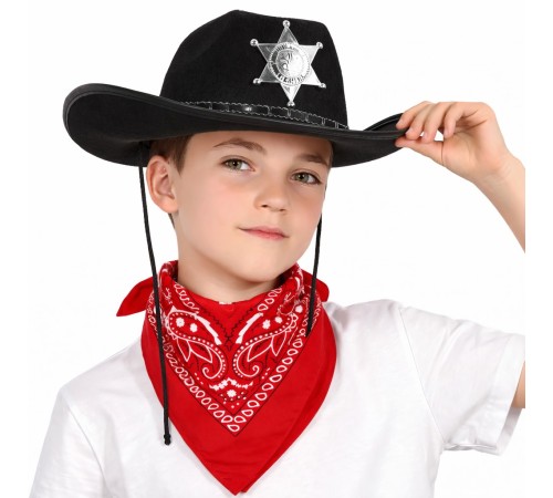 Çocuk Kovboy Şapka Rozetli Siyah & Kırmızı Bandana Fular Seti