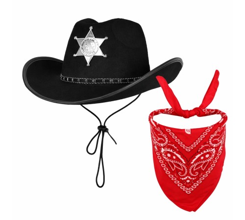 Çocuk Kovboy Şapka Rozetli Siyah & Kırmızı Bandana Fular Seti