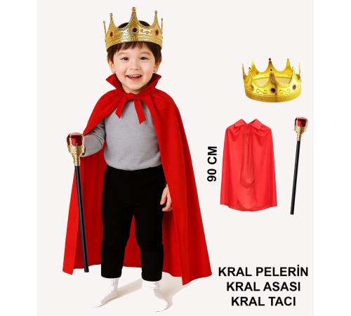 Çocuk Kral Kostüm Seti – Kırmızı Pelerin, Taç ve Asa (90 cm)
