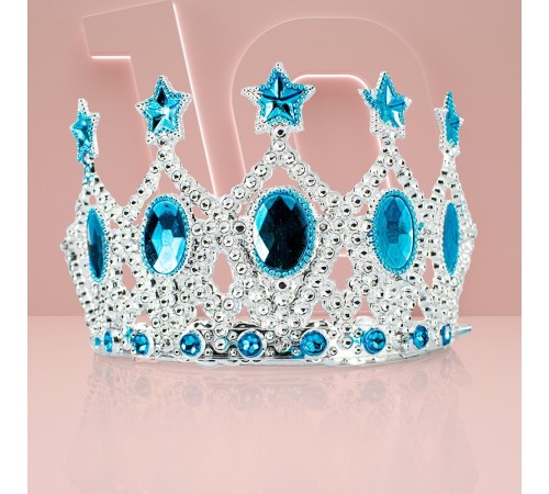 Çocuk Kraliçe Tacı - Mavi Yıldız İşlemeli Prenses Tacı 15x7 cm