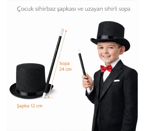 Çocuk Sihirbaz Şapkası ve Uzayan Yaylı Sihirli Sopa Seti