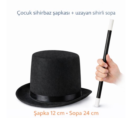 Çocuk Sihirbaz Şapkası ve Uzayan Yaylı Sihirli Sopa Seti
