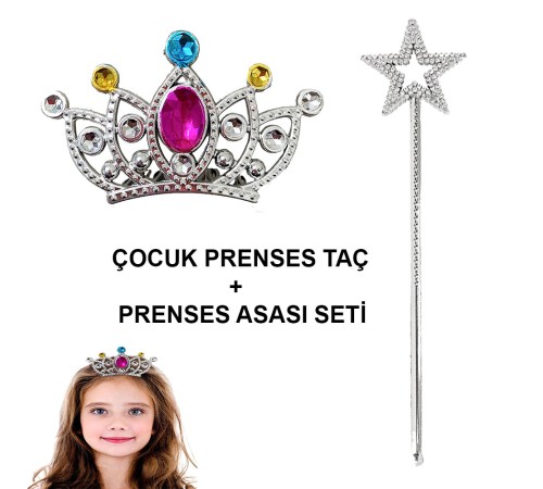 Çocuklar İçin Taraklı Prenses Tacı ve Prenses Yıldız Asa Seti Gümüş