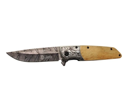 Columbia A2150C Kahve Kamp Çakısı 21cm- Manuel, Ahşap İşlemeli Sap,Kemerlikli
