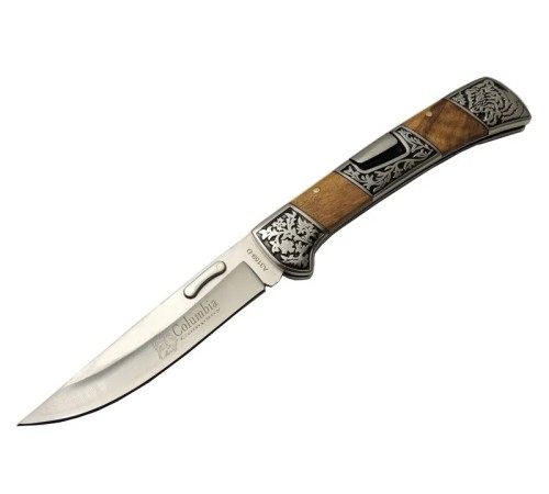 Columbia A3159-D Kahverengi Kamp Çakı 23,5cm- Ahşap Sap, Kaplan İşlemeli, Kemerlikli