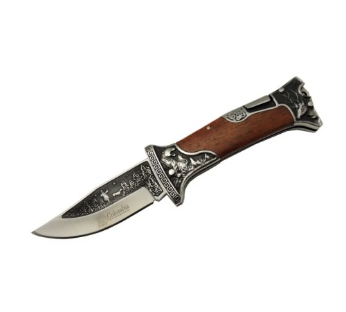 Columbia A3188-2 Geyik Desenli Outdoor Çakı 23 cm - İşlemeli Ahşap Saplı, Perçinli, Deri Kılıflı