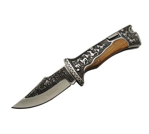 Columbia A3189C Kahve Kamp Çakısı 23cm- Manuel, At İşlemeli Ahşap Sap, Özel Kutulu, Kılıflı