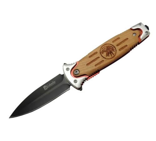 Columbia FS 11032 Kahverengi Kurtarma / Kamp Çakısı 20cm - Kartal İşlemeli Ahşap Sap, Kemerlikli, Cam Kırma Aparatlı