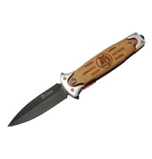 Columbia FS 11033 Kahverengi Kurtarma / Kamp Çakısı 20cm - Yarı Otomatik, Kurt İşlemeli Ahşap Sap, Kemerlikli