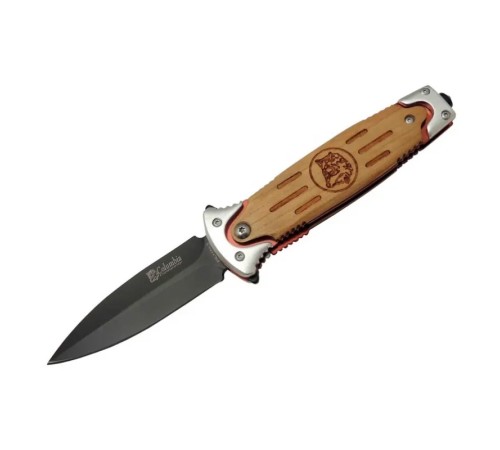 Columbia FS 11033 Kahverengi Kurtarma / Kamp Çakısı 20cm - Yarı Otomatik, Kurt İşlemeli Ahşap Sap, Kemerlikli