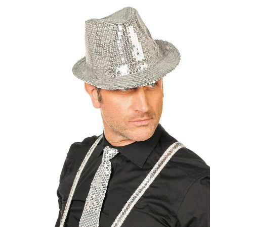 Disko Star Gümüş Payetli Fötr Şapka Yetişkin Boy