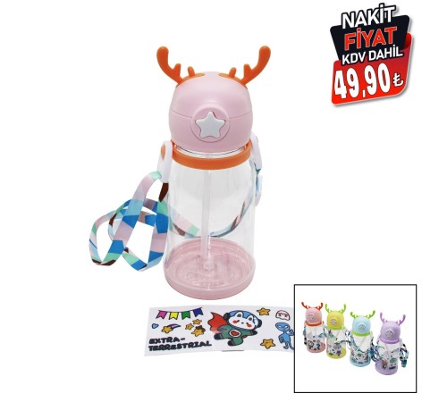 GEYİK MODELİ PİPETLİ ÇOCUK MATARA SULUK ASKI İPLİ STİCKER HEDİYELİ