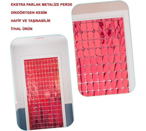 Ekstra Metalize Kırmızı Renk Disko Dikdörtgen Kesim Kapı Perdesi Dekorasyon 1x2 Metre