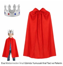 Eva Malzemeden Gümüş Yumuşak Kral Tacı ve Kırmızı Pelerin Seti