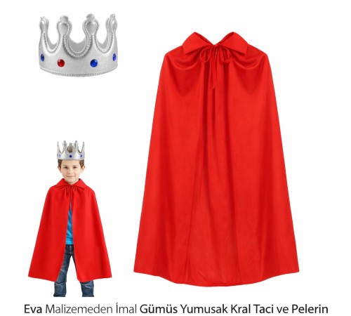 Eva Malzemeden Gümüş Yumuşak Kral Tacı ve Kırmızı Pelerin Seti