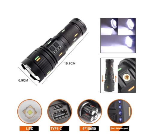 F.B.I Pro F-3001 Alüminyum TG LED Güç Göstergeli Type-C Şarjlı El Feneri 100 W