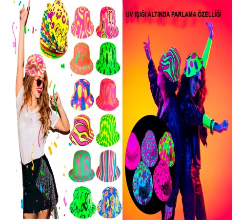 Farklı Desenlerde Plastik Neon UV Işık Parti Şapkası 1 Adet