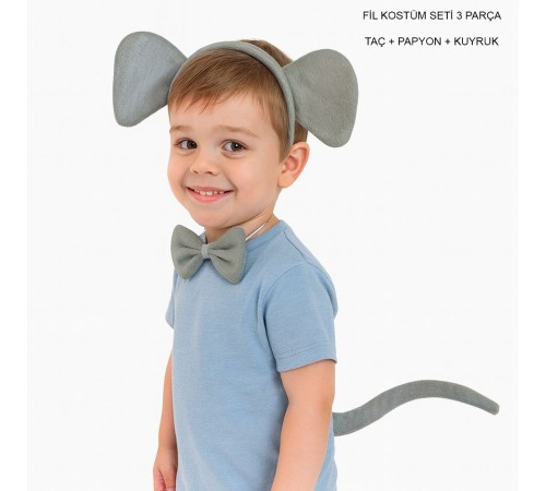 Fil Kostümü Aksesuar Seti 3 lü - Taç Papyon Kuyruk