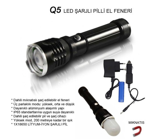 Flaşörlü Uzun Mesafeli Şarjlı Pilli Mıknatıslı EL Feneri Wt-282