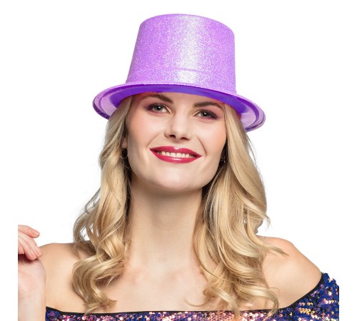 Floresan Mor Renk Simli Uzun Fötr Melon Şapka 12 cm