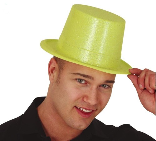 Floresan Sarı Renk Simli Uzun Fötr Melon Şapka 12 cm