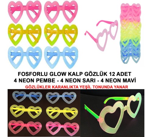 Fosforlu Kalp Model Glow Parti Gözlüğü Karanlıkta Yanan Gözlükler 12 Adet