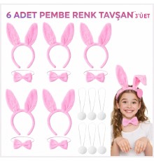 Full Pembe Renk Tavşan Sahne Seti 6'lı Set Taç Papyon Kuyruk