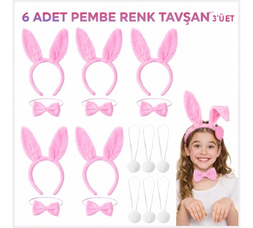 Full Pembe Renk Tavşan Sahne Seti 6'lı Set Taç Papyon Kuyruk