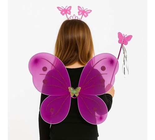 Fuşya Kelebek Kız Seti – 50 cm Kelebek Kanadı, Taç ve Asa