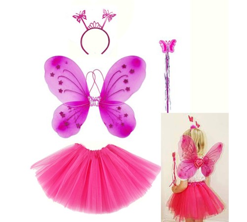 Fuşya Kelebek Kostümü - Fuşya Kelebek Kostüm Aksesuar Seti 4 Parça