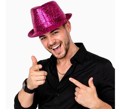 Fuşya Pembe Payetli Disco Parti Şapkası Yetişkin Işıltılı Fötr Model