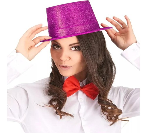 Fuşya Pembe Renk Parıltılı Simli Fötr Silindir Parti Şapkası