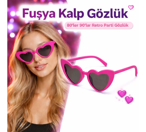 Fuşya Pembe Retro Kalp Gözlük – 80’ler 90’lar Stil Parti Gözlüğü
