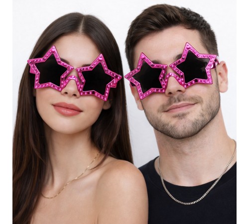 Fuşya Renk Disko Yıldızı Retro Parti Gözlüğü 16X7 cm