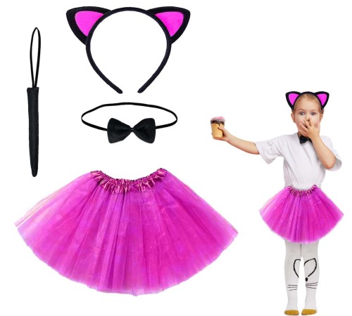 Fuşya Renk Etekli Kedi Kostüm Seti (Tütü, Taç, Papyon, Kuyruk)