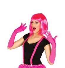 Fuşya Renk Saten Uzun Eldiven ve Küt Parti Peruğu