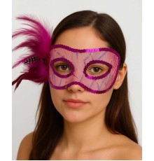 Fuşya Renk Yandan Tüylü Pul Payet İşlemeli Parti Maskesi 23x12 cm