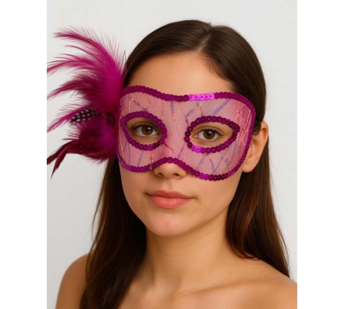 Fuşya Renk Yandan Tüylü Pul Payet İşlemeli Parti Maskesi 23x12 cm