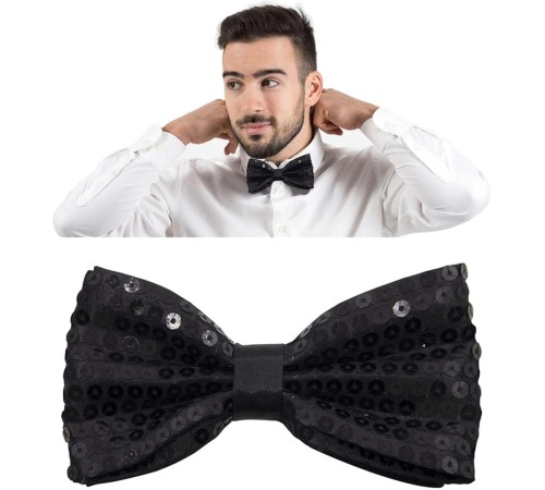 Gece Işıltısı Siyah Payetli Pullu Papyon 7x2 cm