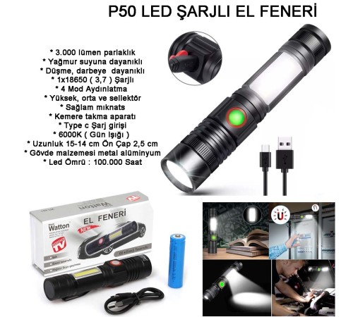 Geniş Açılı P50 Led Şarjlı EL Feneri Wt-601