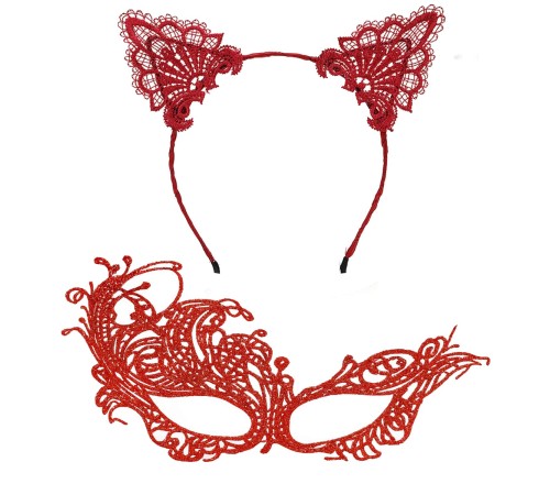 Gizemli Kırmızı Dantel Maske ve Taç Seti 1 No - Kostüm Seti