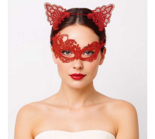Gizemli Kırmızı Dantel Maske ve Taç Seti 1 No - Kostüm Seti