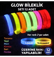 Glow Kalın Bileklik 12’li Set | Baskıya Uygun Renkli Model