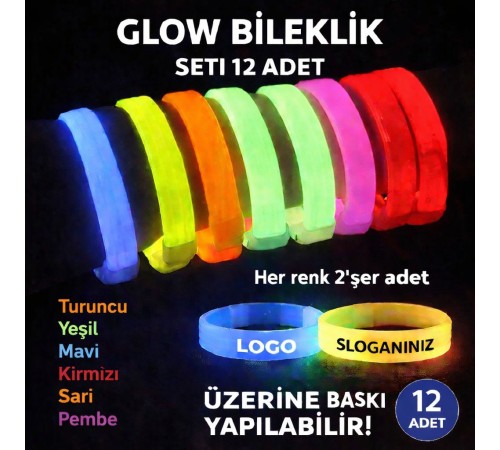 Glow Kalın Bileklik 12’li Set | Baskıya Uygun Renkli Model